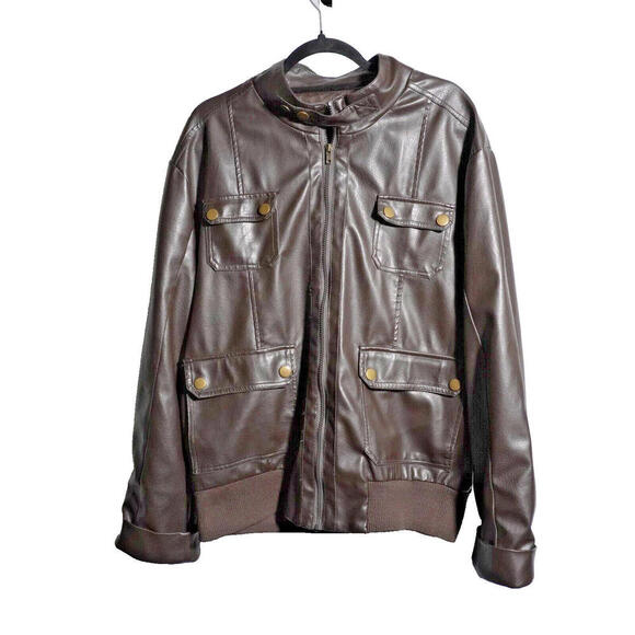 Carbon Mens XL Faux Vegan Leather Moto Brown Jacket Chest Pockets Biker Core SEE - Picture 1 of 7